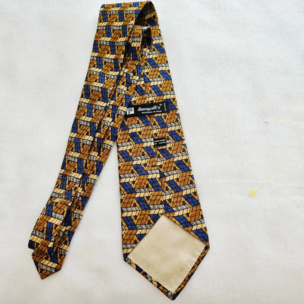 Fumagalli's Mens Silk Tie Geometric Gold Blue Made in Spain, Italian silk - Picture 5 of 5